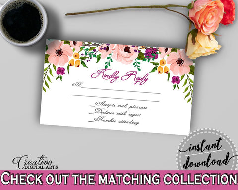 White And Pink Watercolor Flowers Bridal Shower Theme: Invitation Insert Kindly Reply - answer ticket, paper supplies, party theme - 9GOY4 - Digital Product