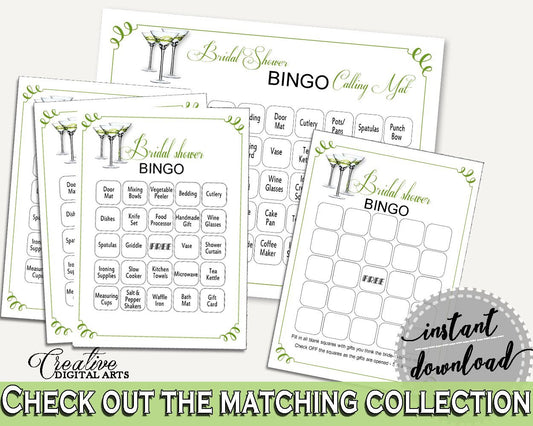 Bingo Bridal Shower Bingo Modern Martini Bridal Shower Bingo Bridal Shower Modern Martini Bingo Green White customizable files ARTAN - Digital Product