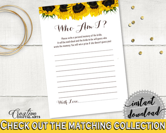 Who Am I Bridal Shower Game, Printable Sunflower Bridal Shower Activity, Sunflower Who Am I Game Yellow White Printable Bridal Summer SSNP1