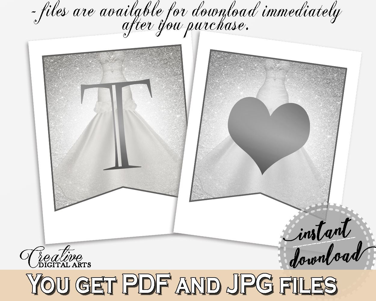 Silver And White Silver Wedding Dress Bridal Shower Theme: Banner - party decoration, fancy bridal shower, shower activity, prints - C0CS5 - Digital Product