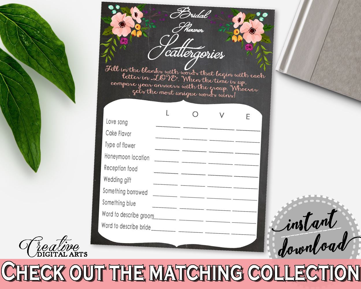 Scattergories Game in Chalkboard Flowers Bridal Shower Black And Pink Theme, couples shower game, chalkboard floral, party plan - RBZRX - Digital Product