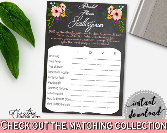 Scattergories Game in Chalkboard Flowers Bridal Shower Black And Pink Theme, couples shower game, chalkboard floral, party plan - RBZRX - Digital Product