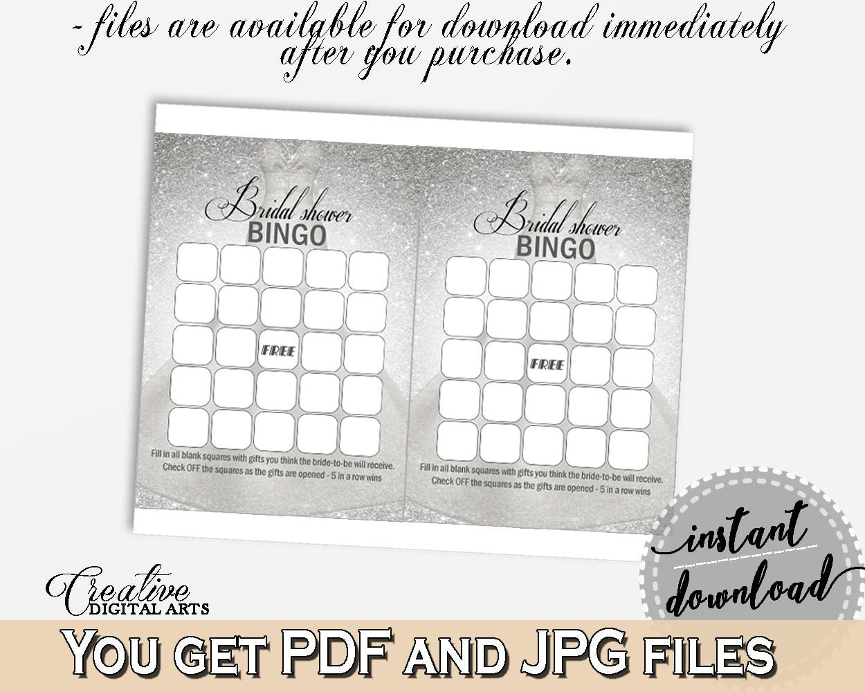 Bingo Gift Game in Silver Wedding Dress Bridal Shower Silver And White Theme, bingo presents, glittering bridal, digital print - C0CS5 - Digital Product