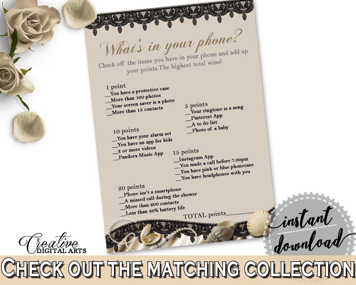 What's In Your Phone Game in Seashells And Pearls Bridal Shower Brown And Beige Theme, phone game, seashells bridal, printable files - 65924 - Digital Product