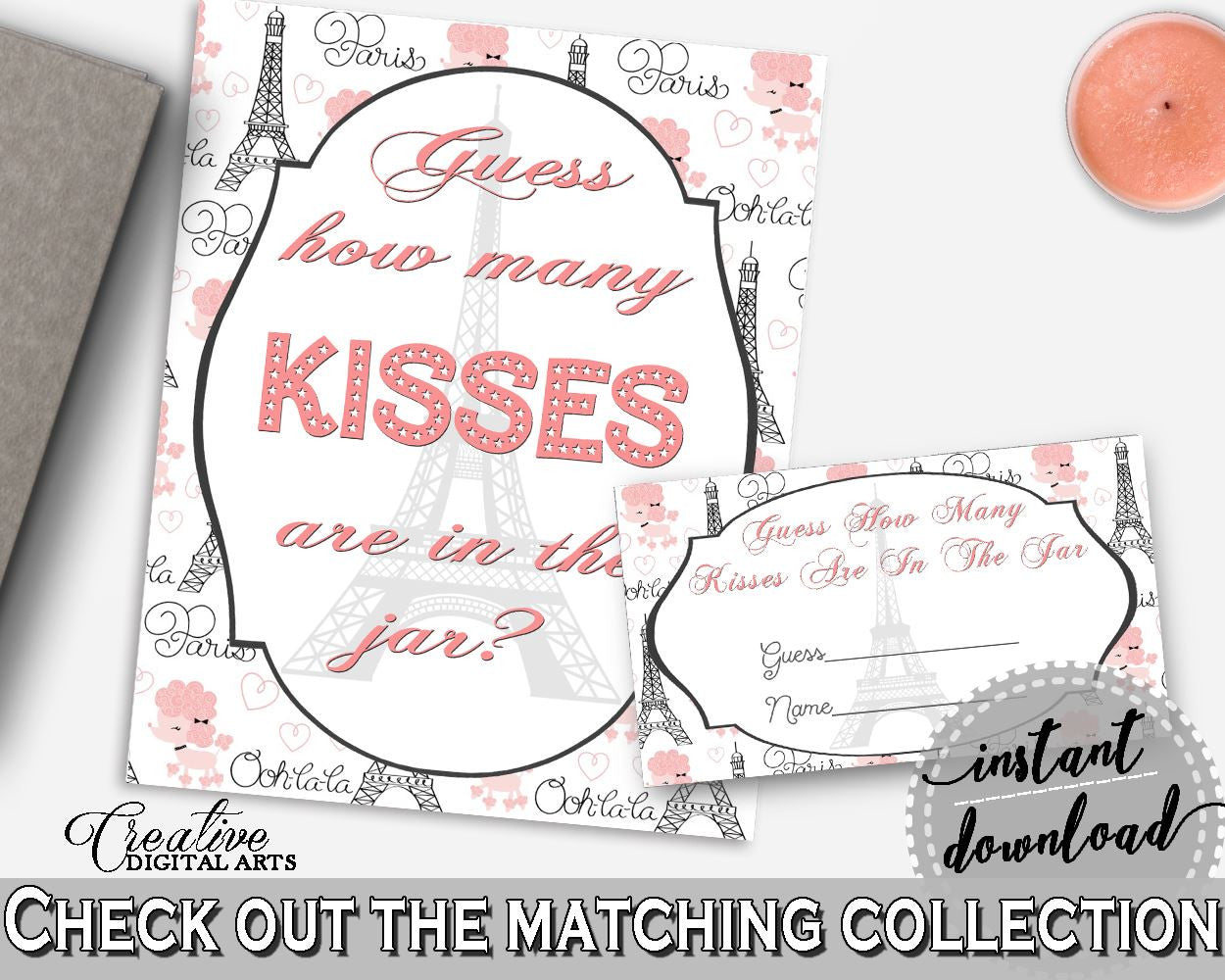 Guess How Many Kisses Game in Paris Bridal Shower Pink And Gray Theme, candy jar game, pink poodle, party décor, party supplies - NJAL9 - Digital Product