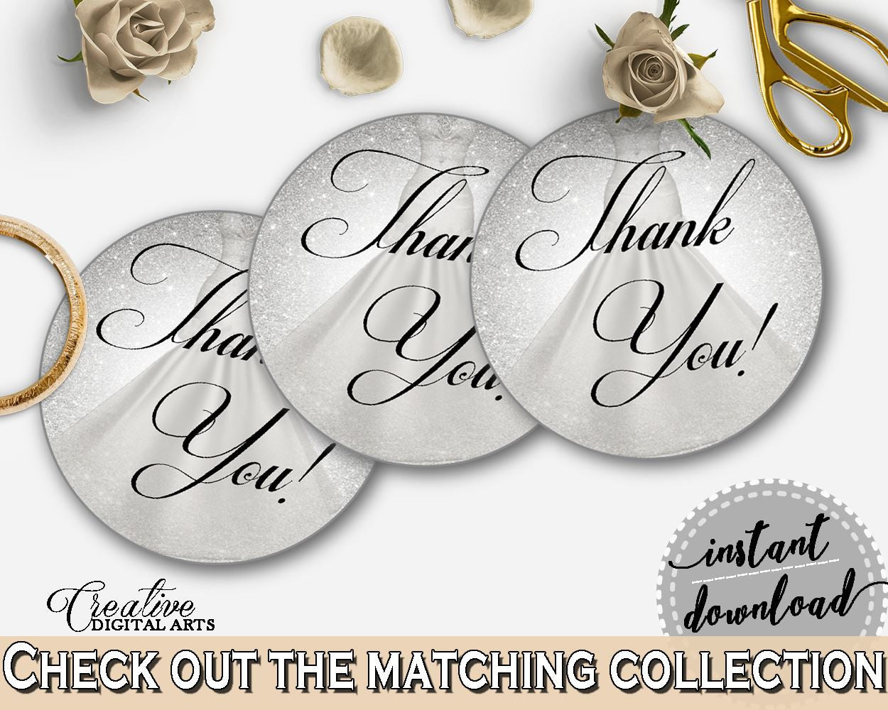 Silver Wedding Dress Bridal Shower Thank You Tag in Silver And White, shower thank you, silver bridal shower, instant download - C0CS5 - Digital Product