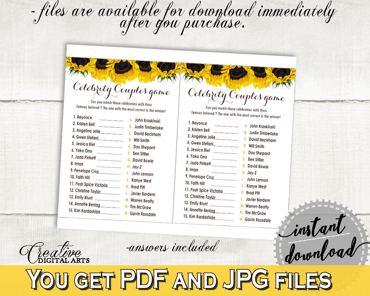 Celebrity Couples Bridal Shower Celebrity Couples Sunflower Bridal Shower Celebrity Couples Bridal Shower Sunflower Celebrity Couples SSNP1 - Digital Product