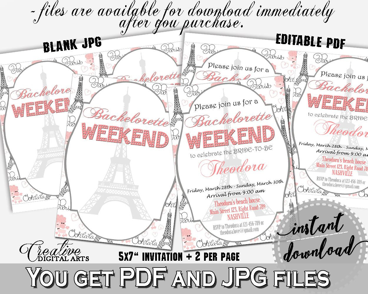 Pink And Gray Paris Bridal Shower Theme: Bachelorette Weekend Invitation Editable - answer, eiffet tower theme, paper supplies - NJAL9 - Digital Product