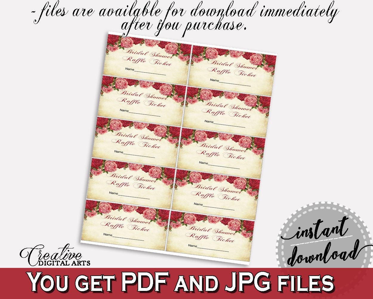 Raffle Ticket Bridal Shower Raffle Ticket Vintage Bridal Shower Raffle Ticket Bridal Shower Vintage Raffle Ticket Red Pink prints XBJK2 - Digital Product