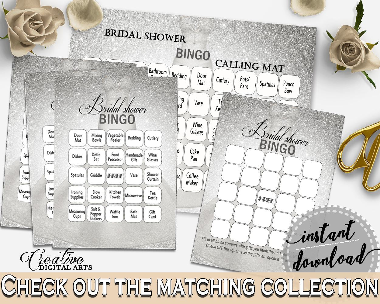 Silver Wedding Dress Bridal Shower Bingo 60 Cards in Silver And White, play, pretty bride theme, printable files, shower celebration - C0CS5 - Digital Product