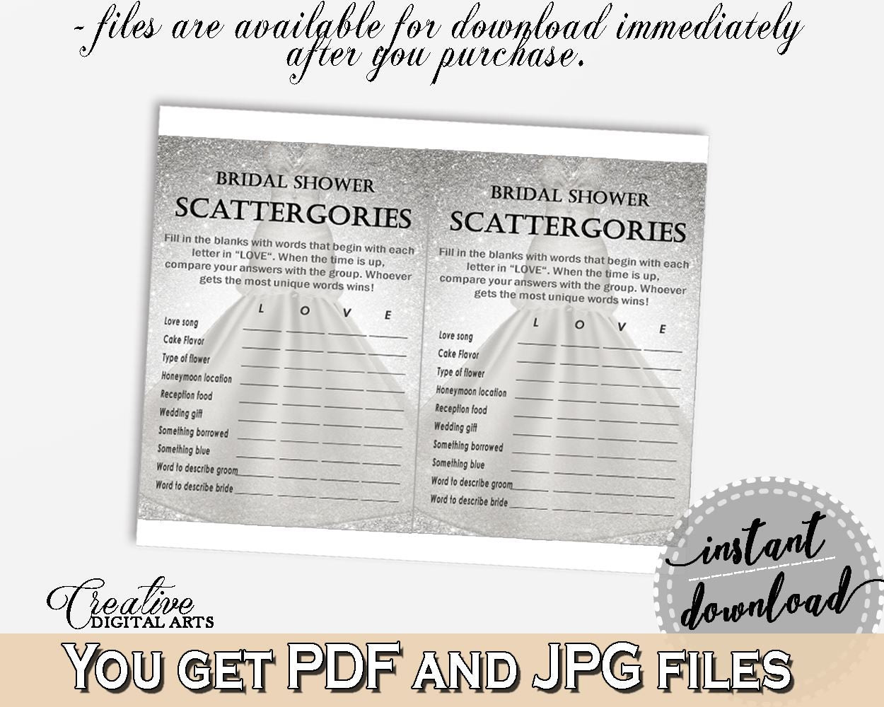 Scattergories Game in Silver Wedding Dress Bridal Shower Silver And White Theme, bridal scattergories, shower party, party décor - C0CS5 - Digital Product