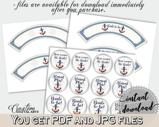 Nautical Anchor Flowers Bridal Shower Cupcake Toppers And Wrappers in Navy Blue, centerpieces, aquatic floral theme, party plan - 87BSZ - Digital Product