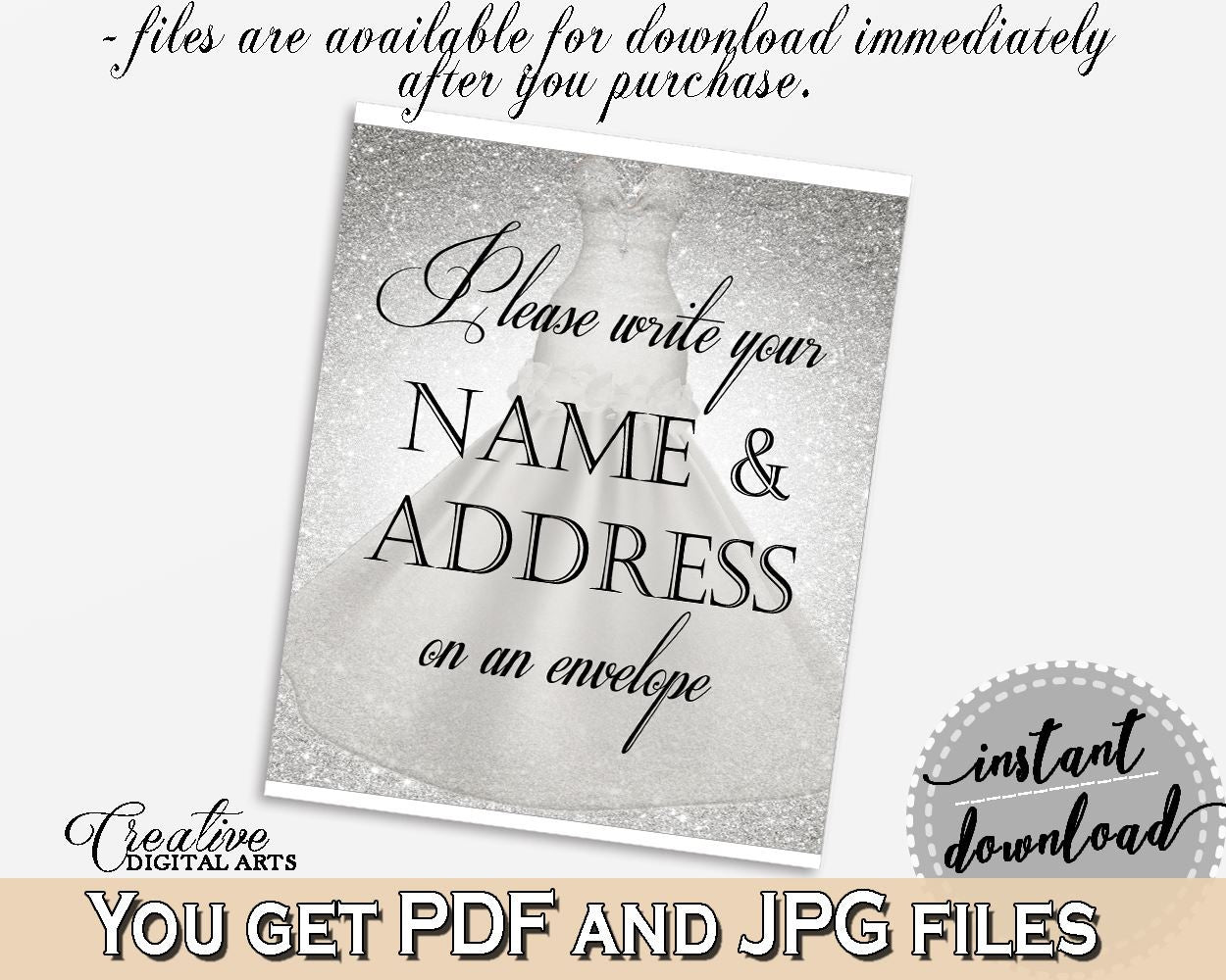 Silver And White Silver Wedding Dress Bridal Shower Theme: Write Your Name And Address Sign - envelope sign, party plan, prints - C0CS5 - Digital Product