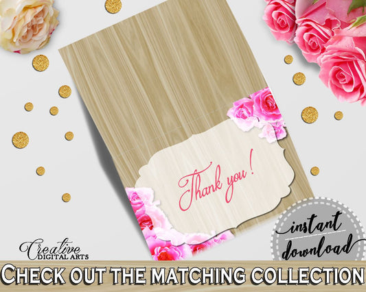 Roses On Wood Bridal Shower Thank You Card in Pink And Beige, thank you notes, vintage roses, party stuff, party decorations, prints - B9MAI - Digital Product