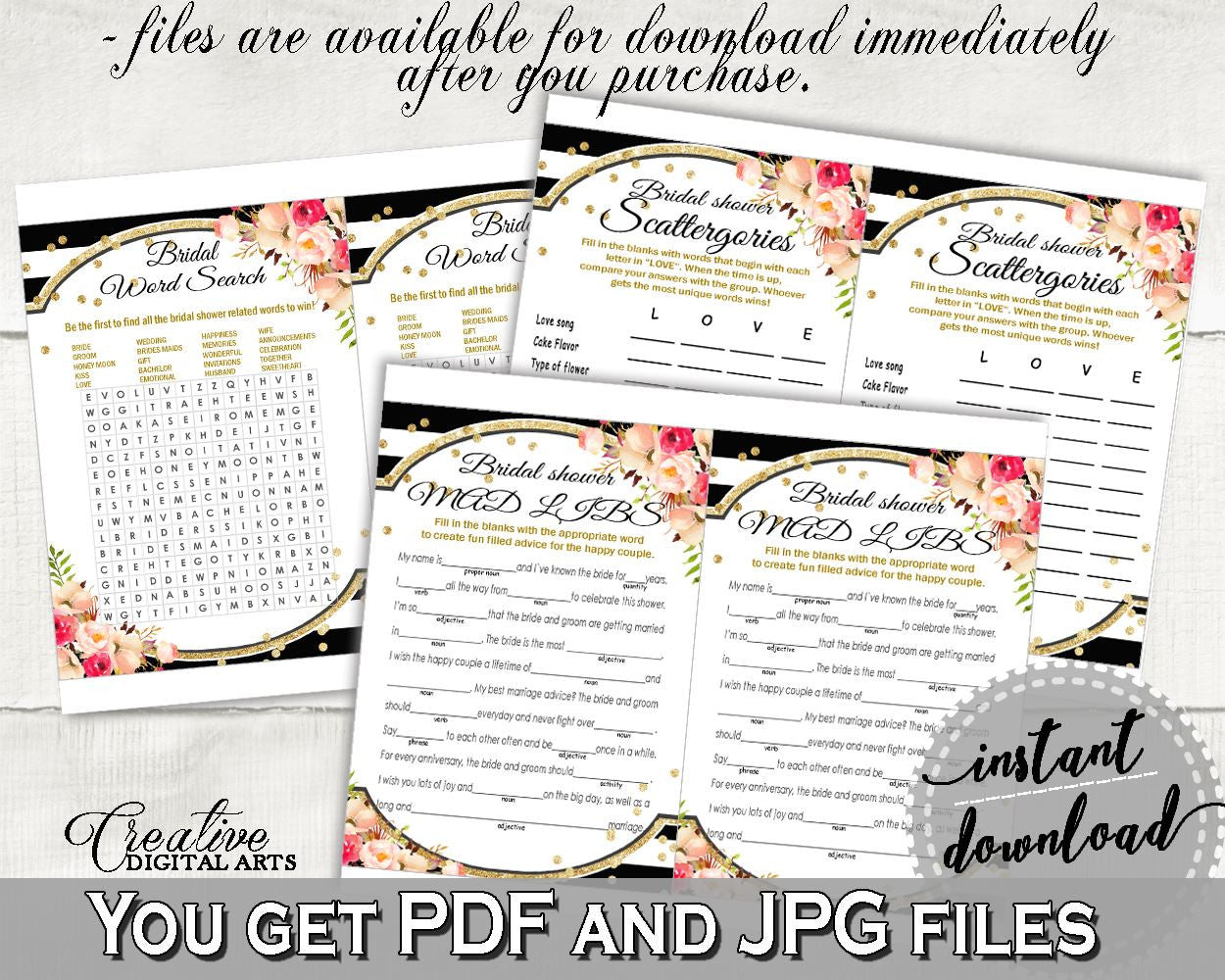 Games Bundle in Flower Bouquet Black Stripes Bridal Shower Black And Gold Theme, shower games, floral assortment, party organization - QMK20 - Digital Product