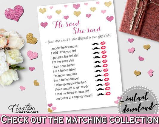 Gold And Pink Glitter Hearts Bridal Shower Theme: He Said She Said Game - keeping secrets,  valentine theme, party organizing - WEE0X - Digital Product