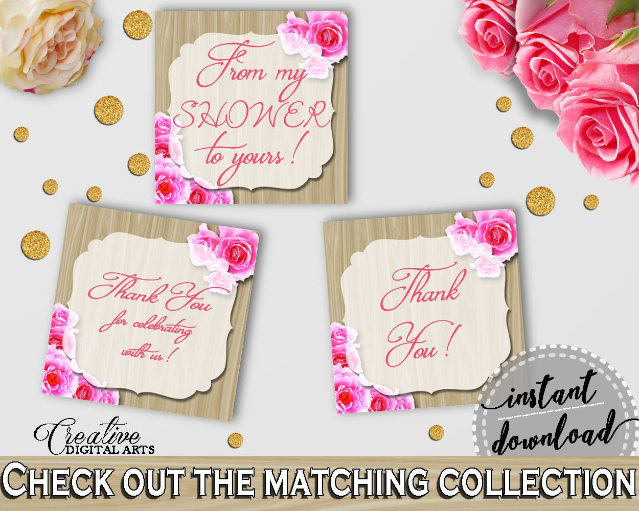 Thank You Tags Square in Roses On Wood Bridal Shower Pink And Beige Theme, gratitude, plank shower, party planning, party stuff - B9MAI - Digital Product