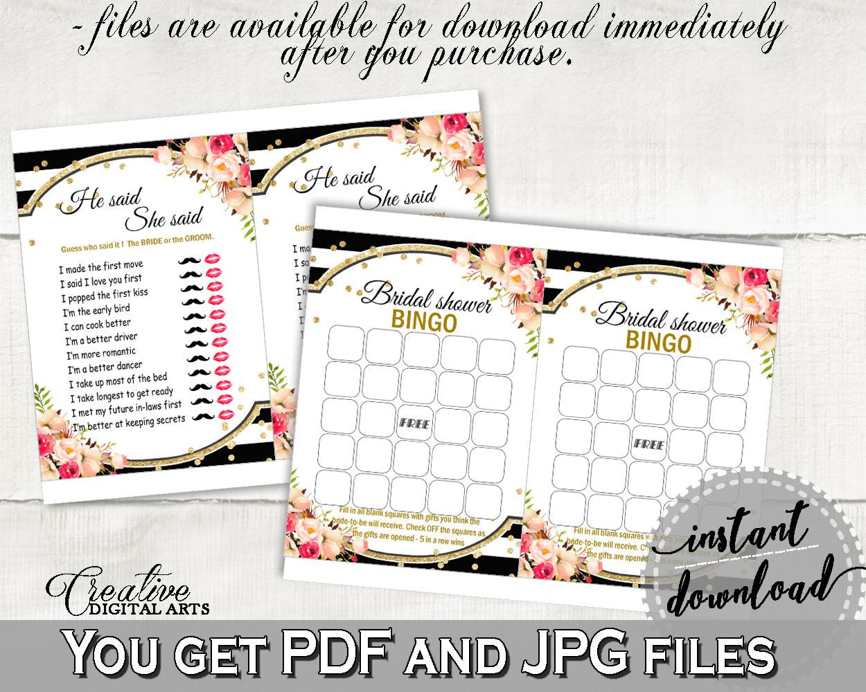 Games Bundle in Flower Bouquet Black Stripes Bridal Shower Black And Gold Theme, shower games, floral assortment, party organization - QMK20 - Digital Product