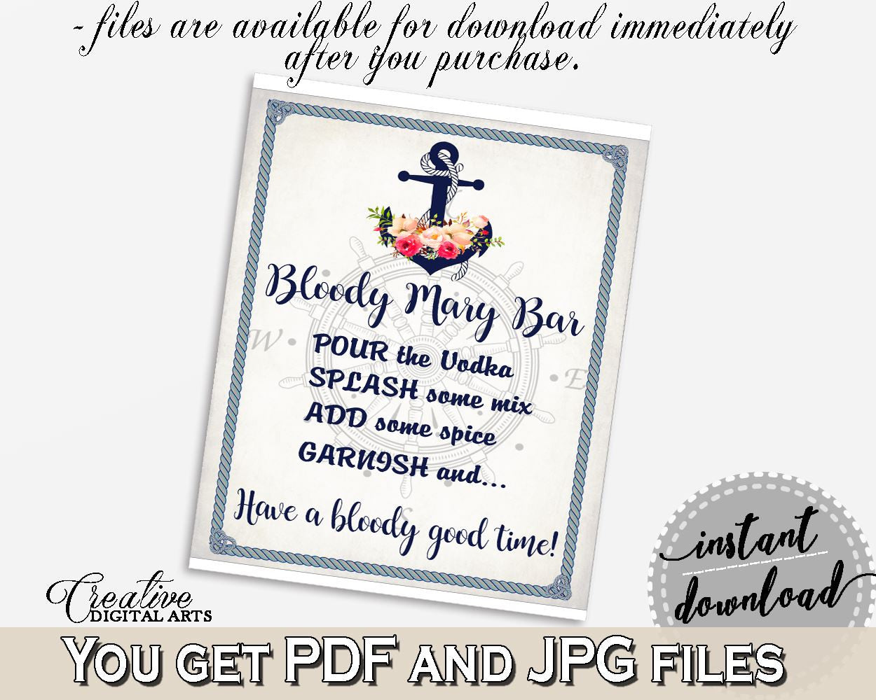 Navy Blue Nautical Anchor Flowers Bridal Shower Theme: Bloody Mary Bar Sign - brunch and bubbly, underwater theme, printable files - 87BSZ - Digital Product