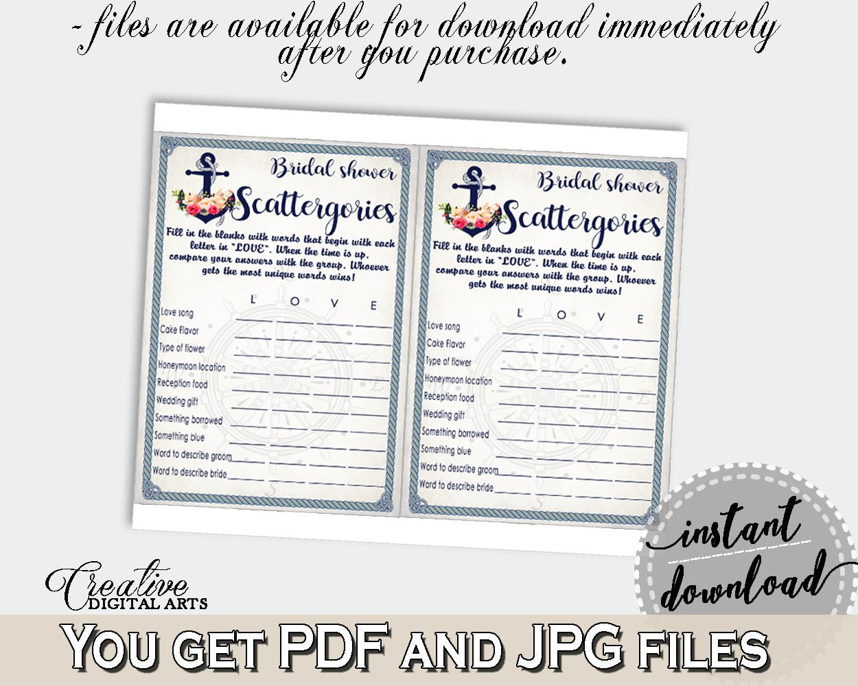 Scattergories Game in Nautical Anchor Flowers Bridal Shower Navy Blue Theme, love scattergories, seafaring shower, party theme - 87BSZ - Digital Product