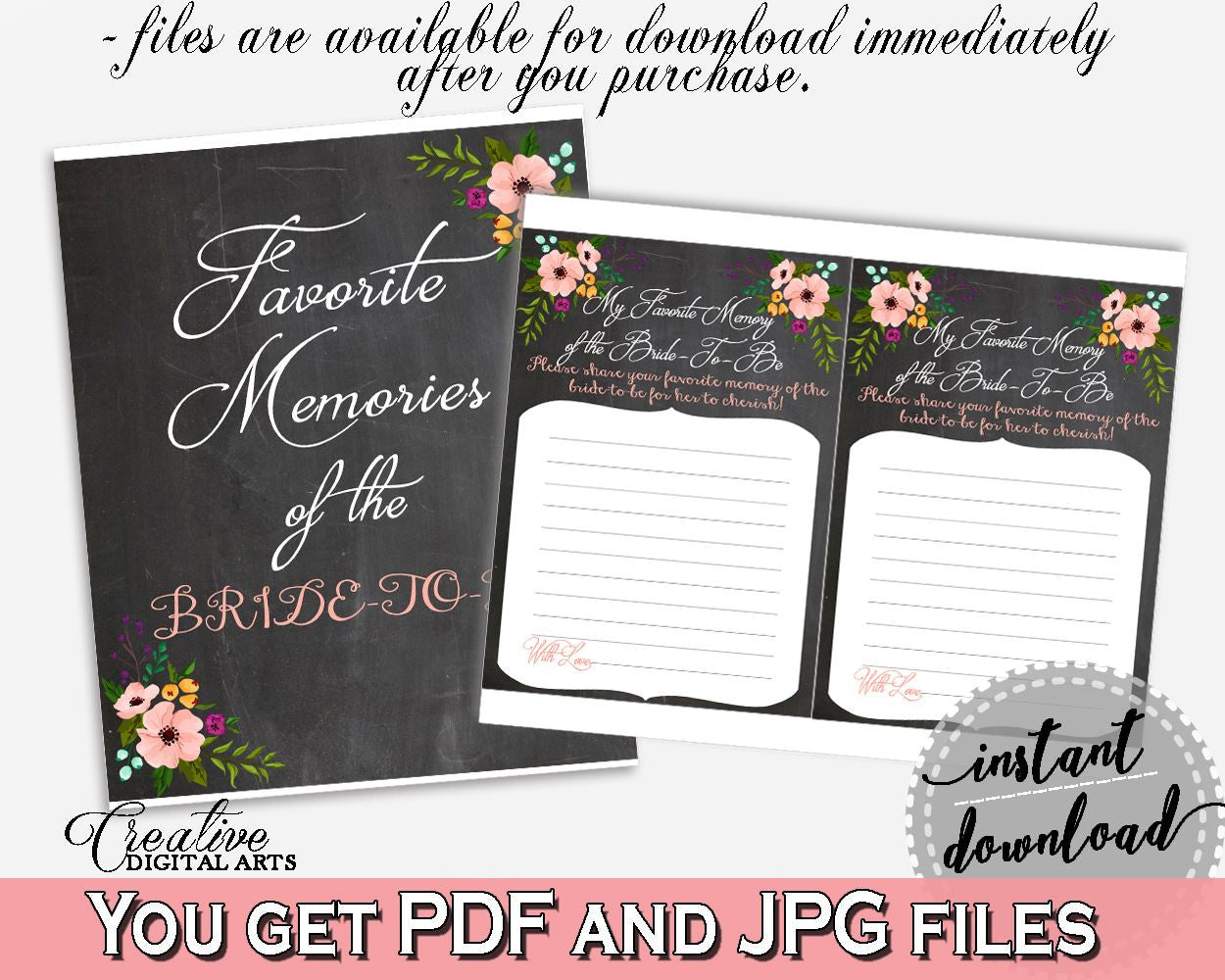 Chalkboard Flowers Bridal Shower Favorite Memories Of The Bride To Be in Black And Pink, shower activity, printable files, prints - RBZRX - Digital Product