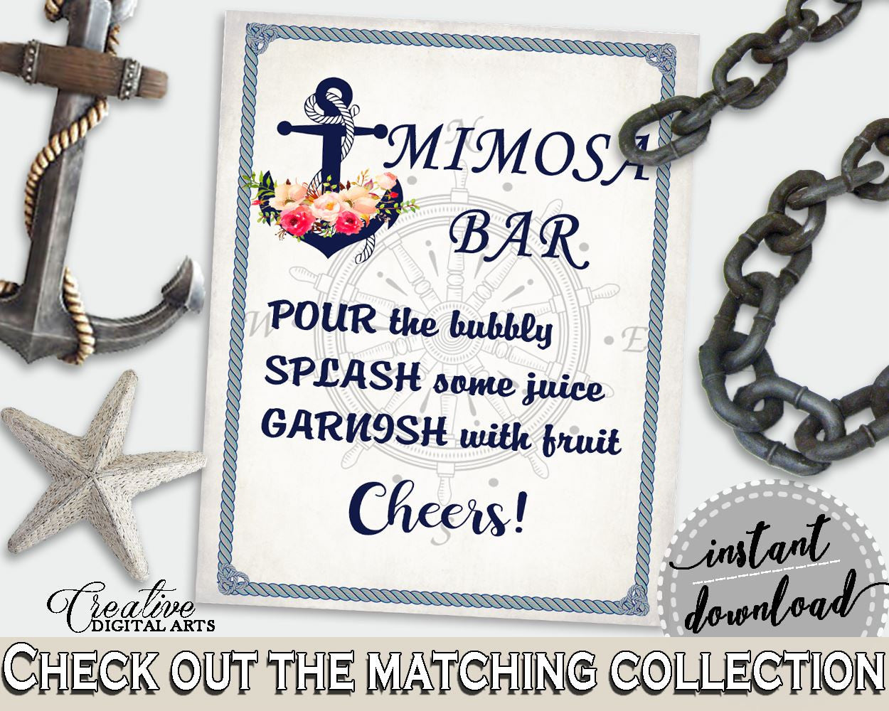 Navy Blue Nautical Anchor Flowers Bridal Shower Theme: Mimosa Bar Sign - splash juice, mermaid bridal, printable files, party theme - 87BSZ - Digital Product