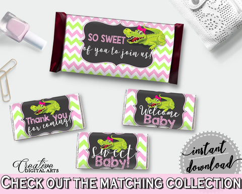 Baby shower CANDY BAR decoration wrappers and labels printable with green alligator and pink color theme for girl, instant download - ap001