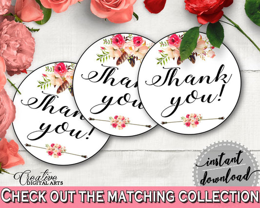 Thank You Tag in Bohemian Flowers Bridal Shower Pink And Red Theme, round favor tags, shabby chic, printables, prints, digital print - 06D7T - Digital Product