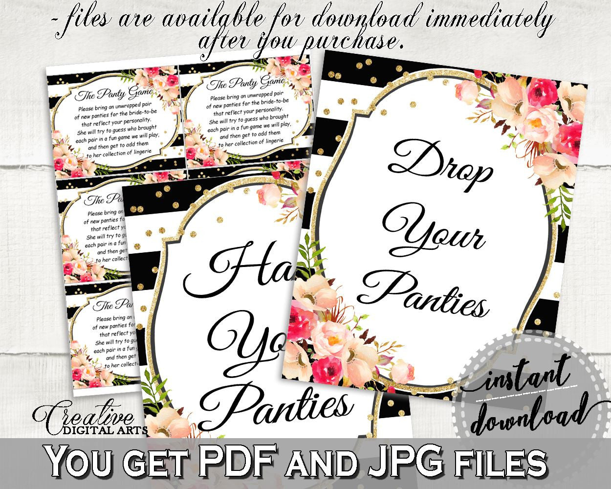 Flower Bouquet Black Stripes Bridal Shower Drop Your Panties in Black And Gold, hang your panties, gold details, printable files - QMK20 - Digital Product