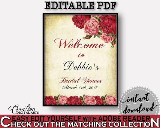 Welcome Sign Bridal Shower Welcome Sign Vintage Bridal Shower Welcome Sign Bridal Shower Vintage Welcome Sign Red Pink pdf jpg XBJK2 - Digital Product