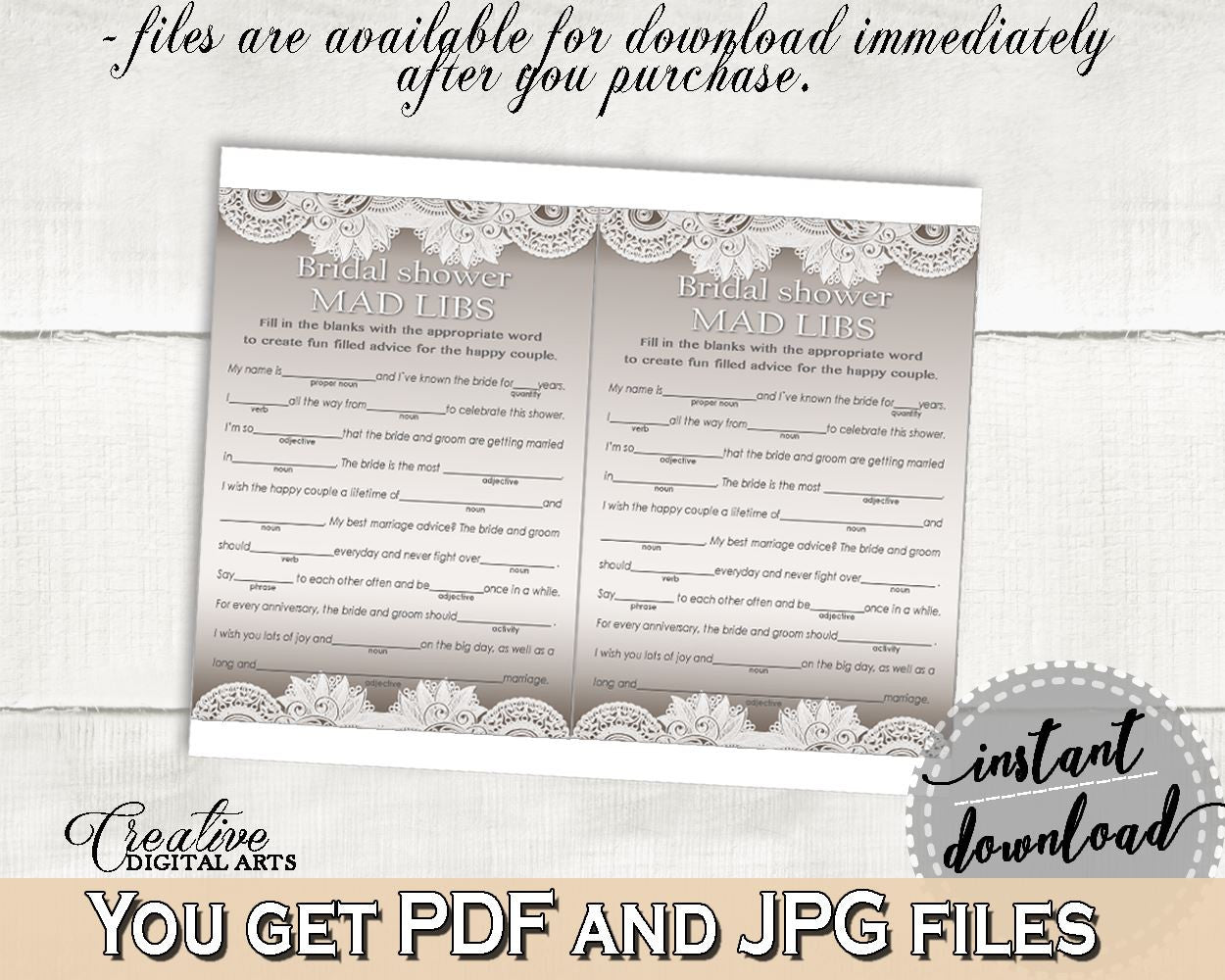 Mad Libs Game in Traditional Lace Bridal Shower Brown And Silver Theme, adjective, linen bridal, printable files, customizable files - Z2DRE - Digital Product