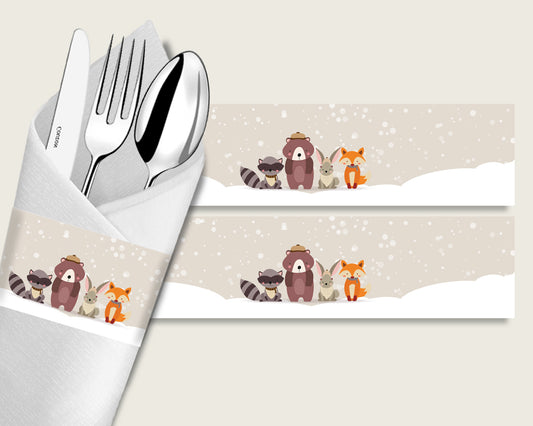 Winter Woodland Baby Shower Napkin Rings Printable, Beige Brown Napkin Wrappers, Gender Neutral Shower Utensils Wrap, Instant RM4SN