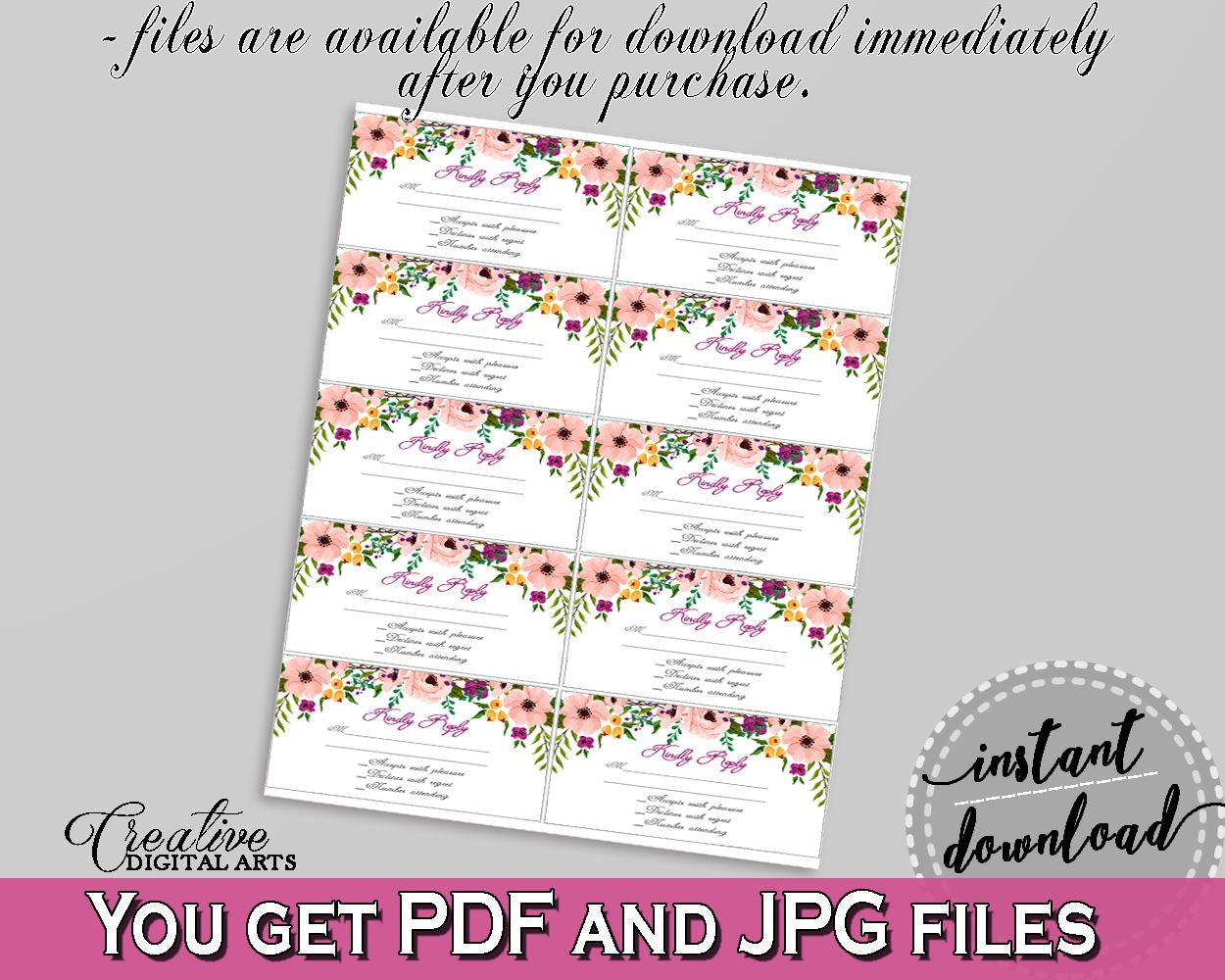 White And Pink Watercolor Flowers Bridal Shower Theme: Invitation Insert Kindly Reply - answer ticket, paper supplies, party theme - 9GOY4 - Digital Product