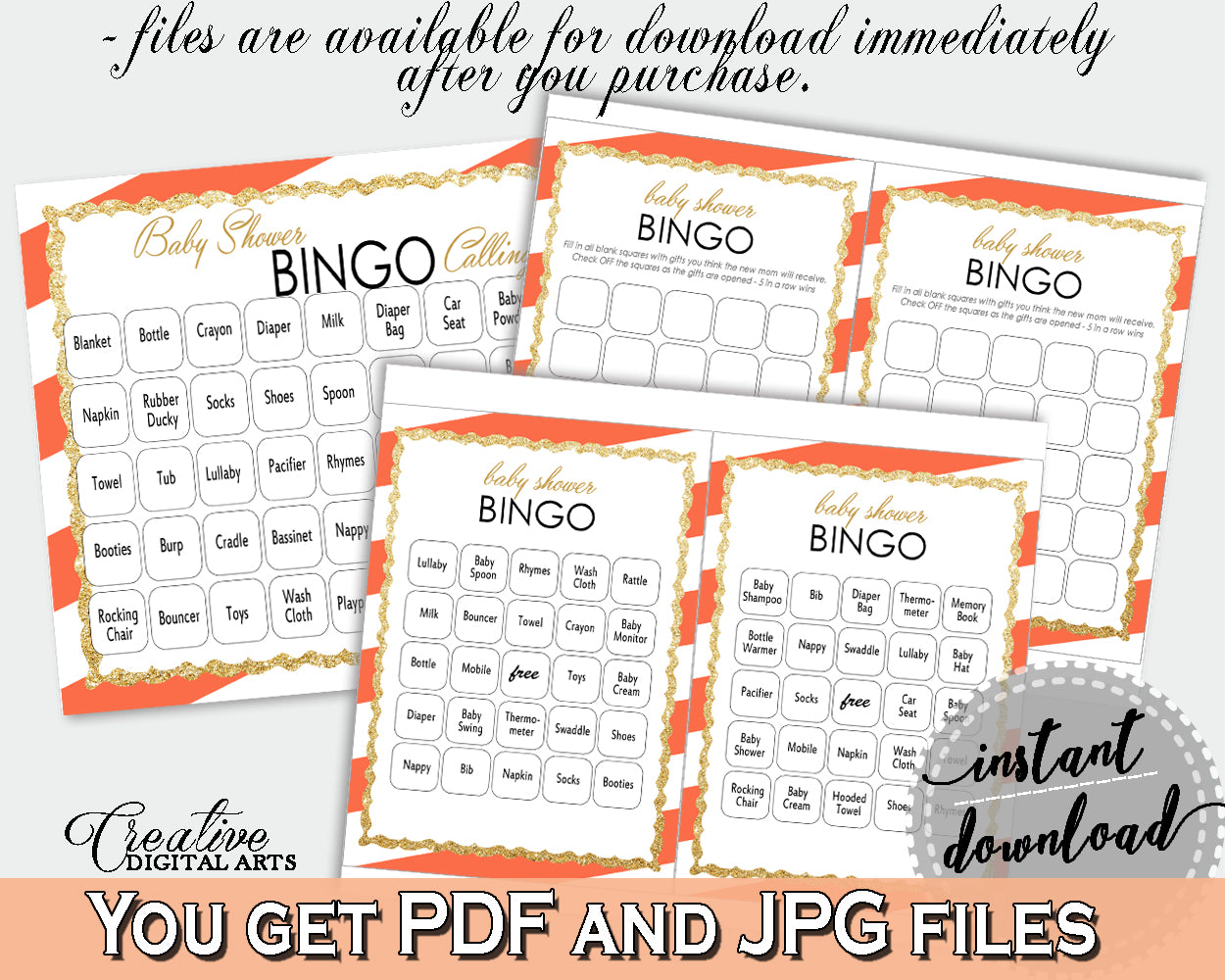 60 Baby Shower BINGO cards game and empty gift BINGO cards with orange striped color theme printable, instant download - bs003