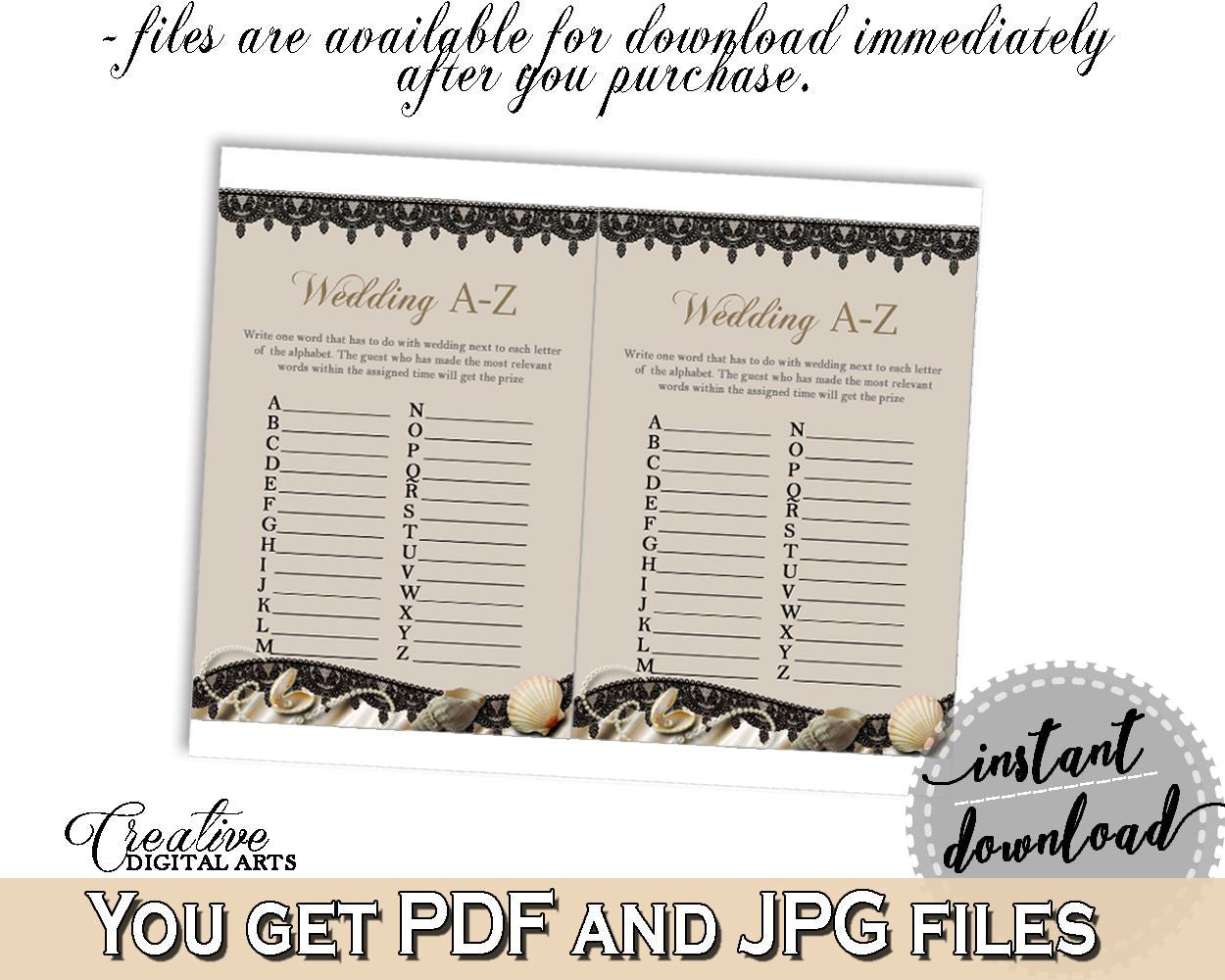 Wedding A-Z Game in Seashells And Pearls Bridal Shower Brown And Beige Theme, abc bridal, sea and pearls, prints, digital print - 65924 - Digital Product