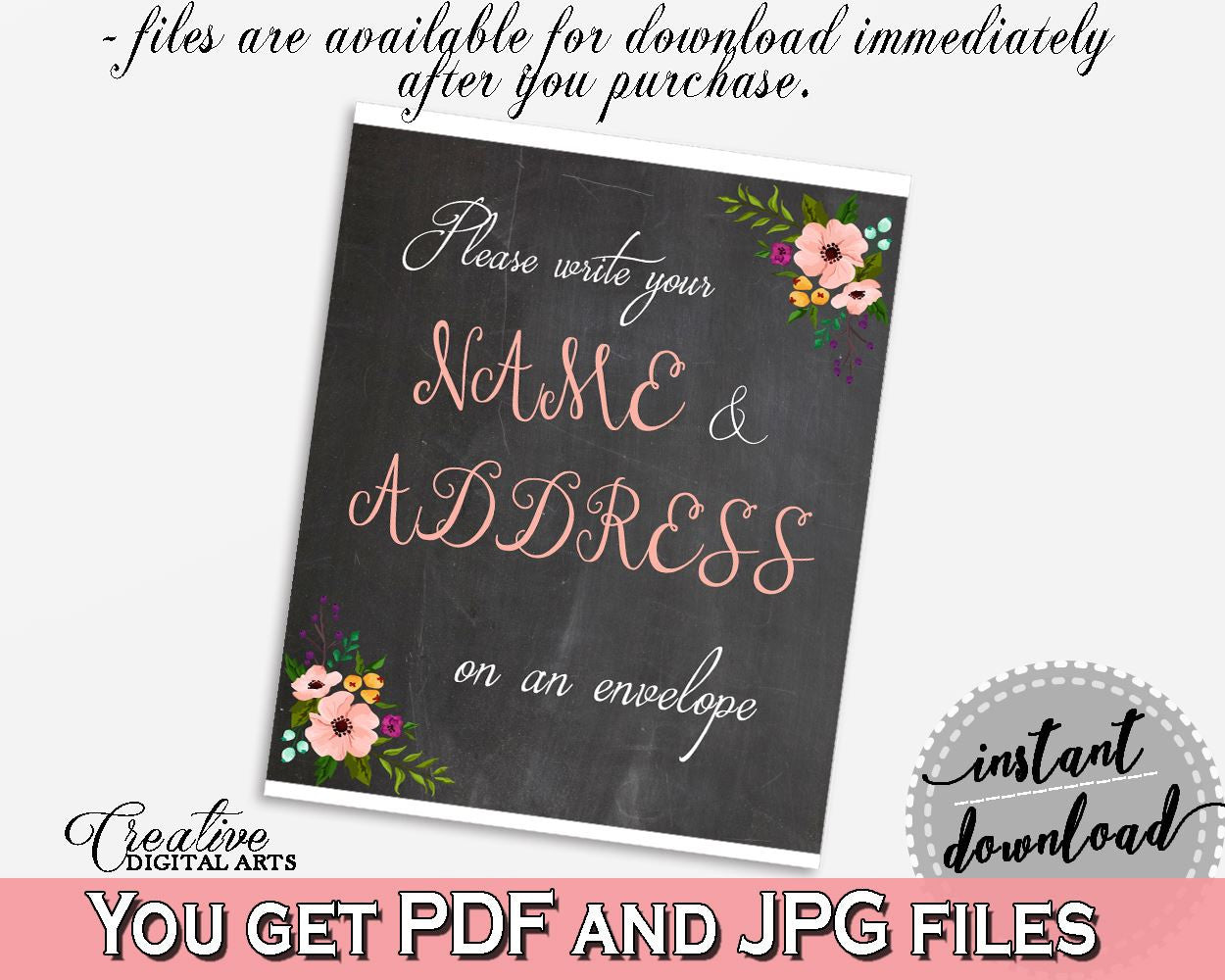 Write Your Name And Address Sign in Chalkboard Flowers Bridal Shower Black And Pink Theme, helping parents to be, printable files - RBZRX - Digital Product