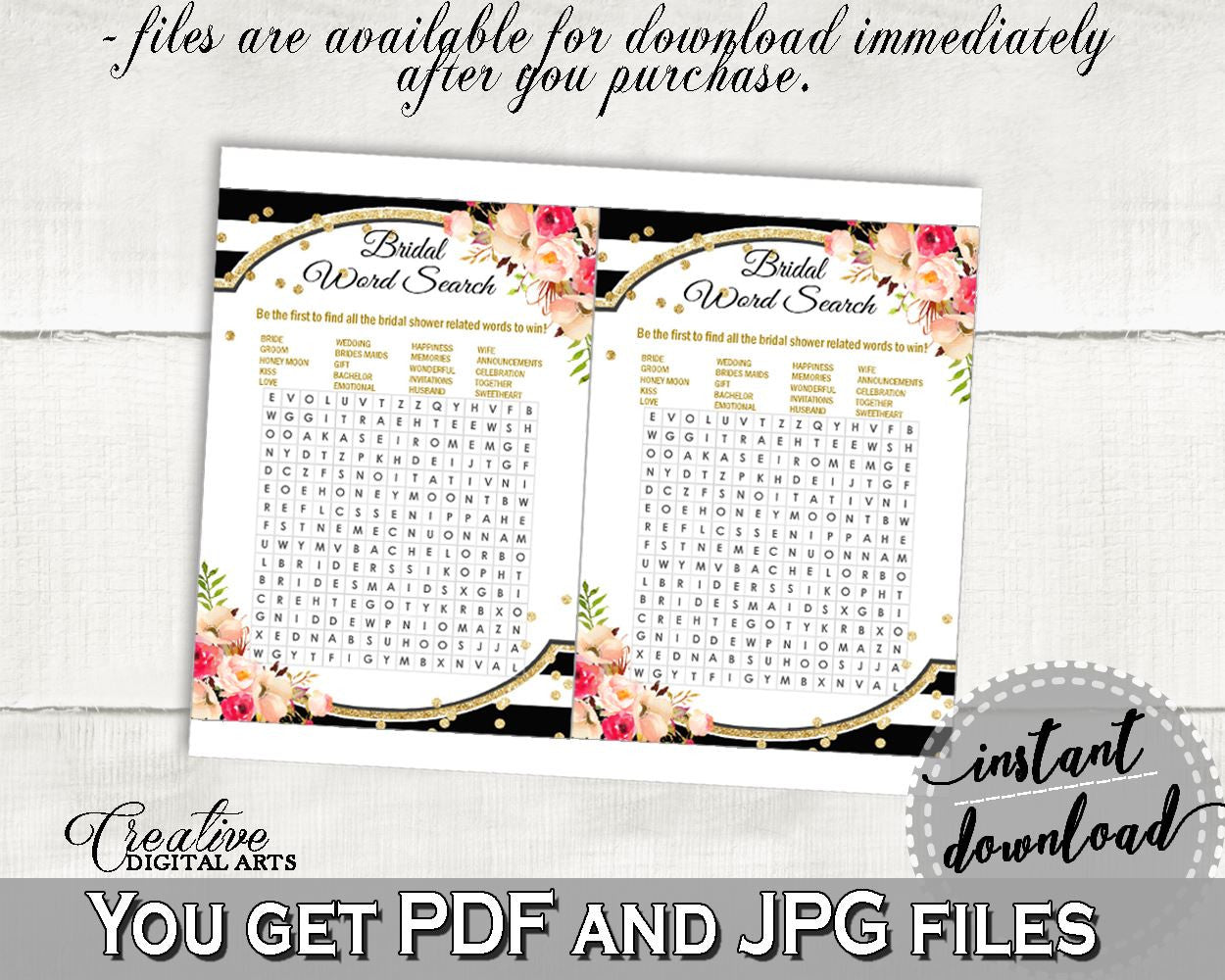 Black And Gold Flower Bouquet Black Stripes Bridal Shower Theme: Word Search - bridal shower words, digital print, party supplies - QMK20 - Digital Product