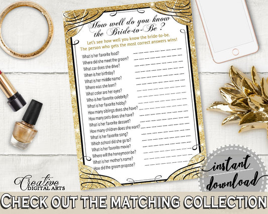 Glittering Gold Bridal Shower How Well Do You Know The Bride To Be in Gold And Yellow, conversance bride, party plan, party stuff - JTD7P - Digital Product