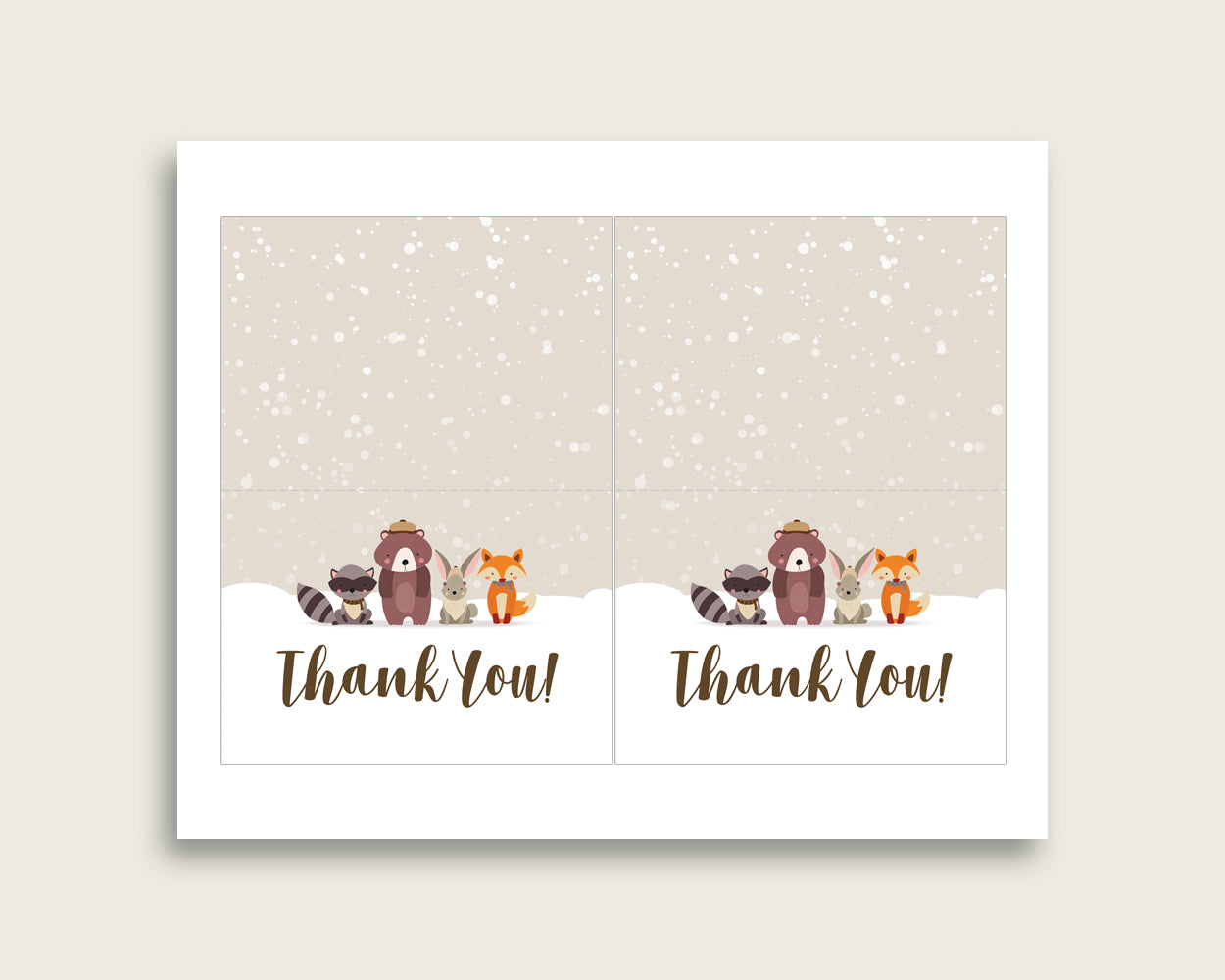 Beige Brown Thank You Cards Printable, Winter Woodland Baby Shower Thank You Notes, Gender Neutral Shower Thank You Folded, Instant RM4SN