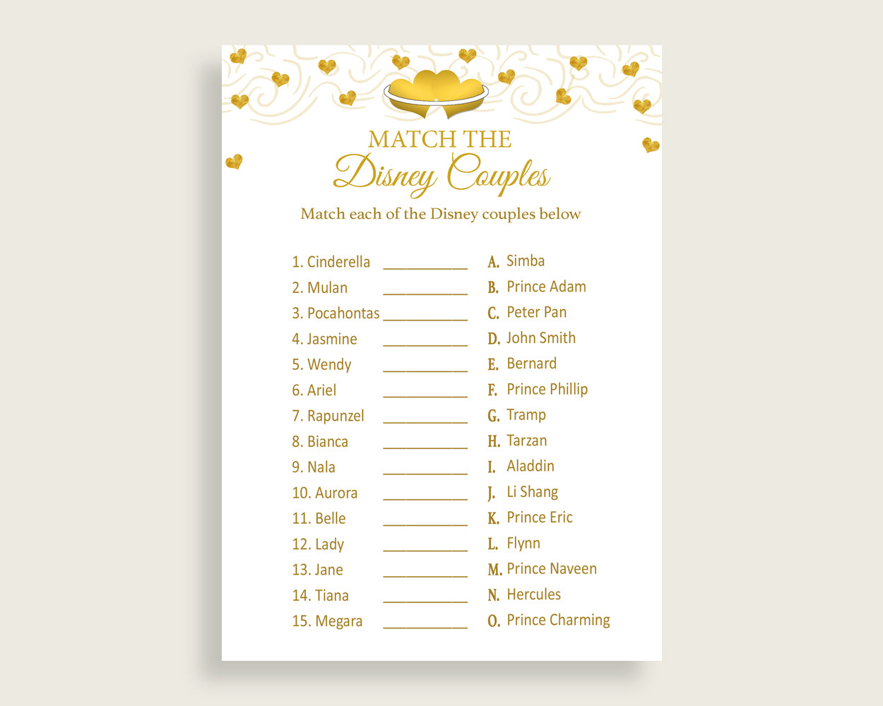 Match The Disney Couples Bridal Shower Match The Disney Couples Gold Hearts Bridal Shower Match The Disney Couples Bridal Shower Gold 6GQOT