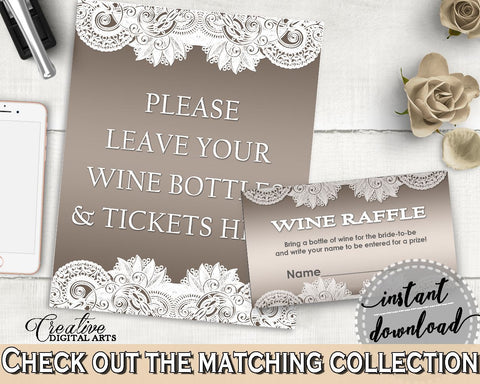 Traditional Lace Bridal Shower Wine Raffle in Brown And Silver, wine raffle tickets, shower crochet, party organizing, party plan - Z2DRE - Digital Product