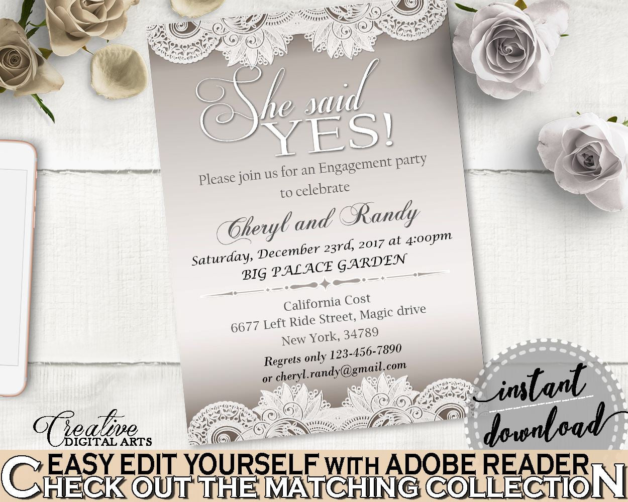 Traditional Lace Bridal Shower She Said Yes Invitation Editable in Brown And Silver, shower invite, vintage lace, bridal shower idea - Z2DRE - Digital Product