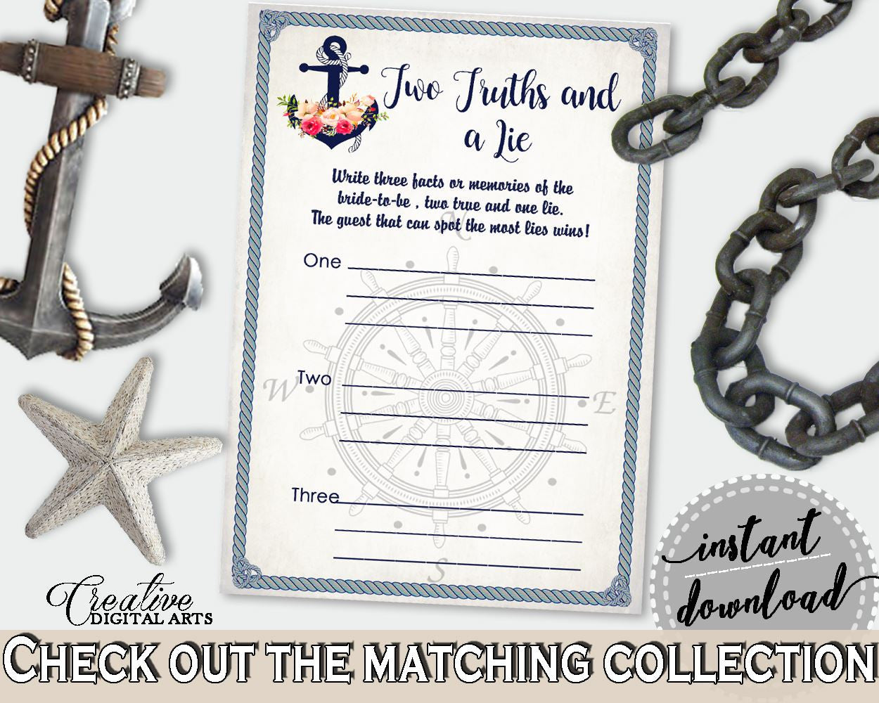 Nautical Anchor Flowers Bridal Shower Two Truths And A Lie Game in Navy Blue, sooth game, wedding sails, printable files, prints - 87BSZ - Digital Product