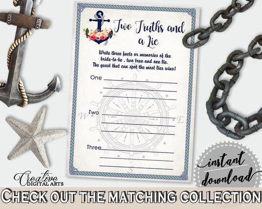 Nautical Anchor Flowers Bridal Shower Two Truths And A Lie Game in Navy Blue, sooth game, wedding sails, printable files, prints - 87BSZ - Digital Product