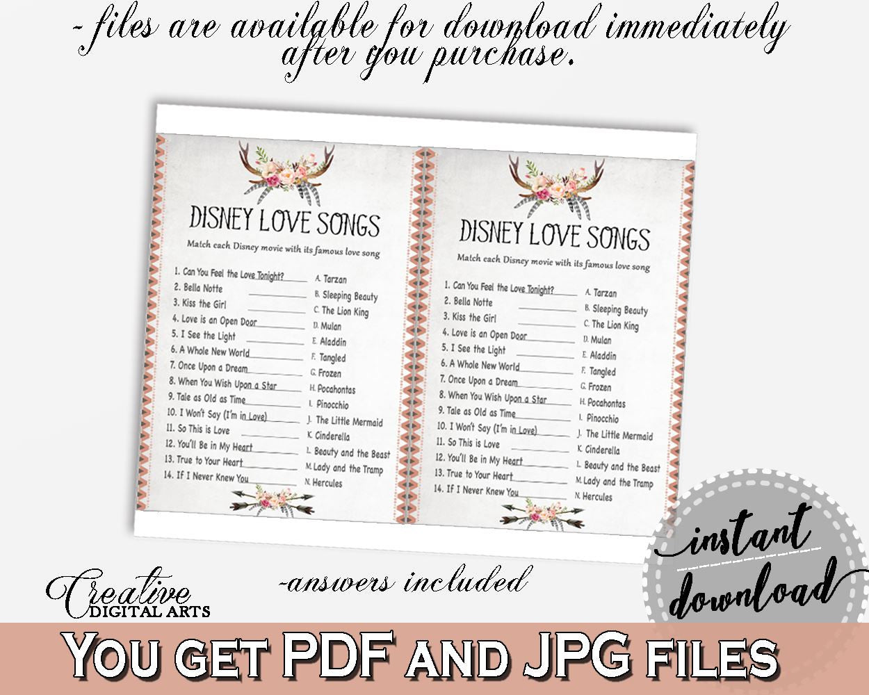 Disney Love Songs Game in Antlers Flowers Bohemian Bridal Shower Gray and Pink Theme, love songs game, printable files, prints - MVR4R - Digital Product