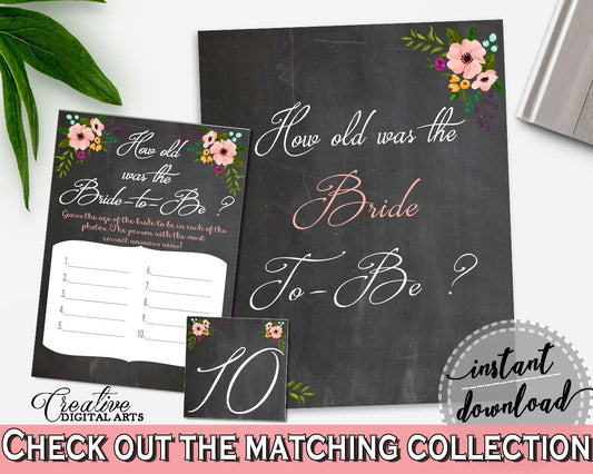 How Old Was The Bride To Be in Chalkboard Flowers Bridal Shower Black And Pink Theme, fiancée age, chalkboard floral, party plan - RBZRX - Digital Product