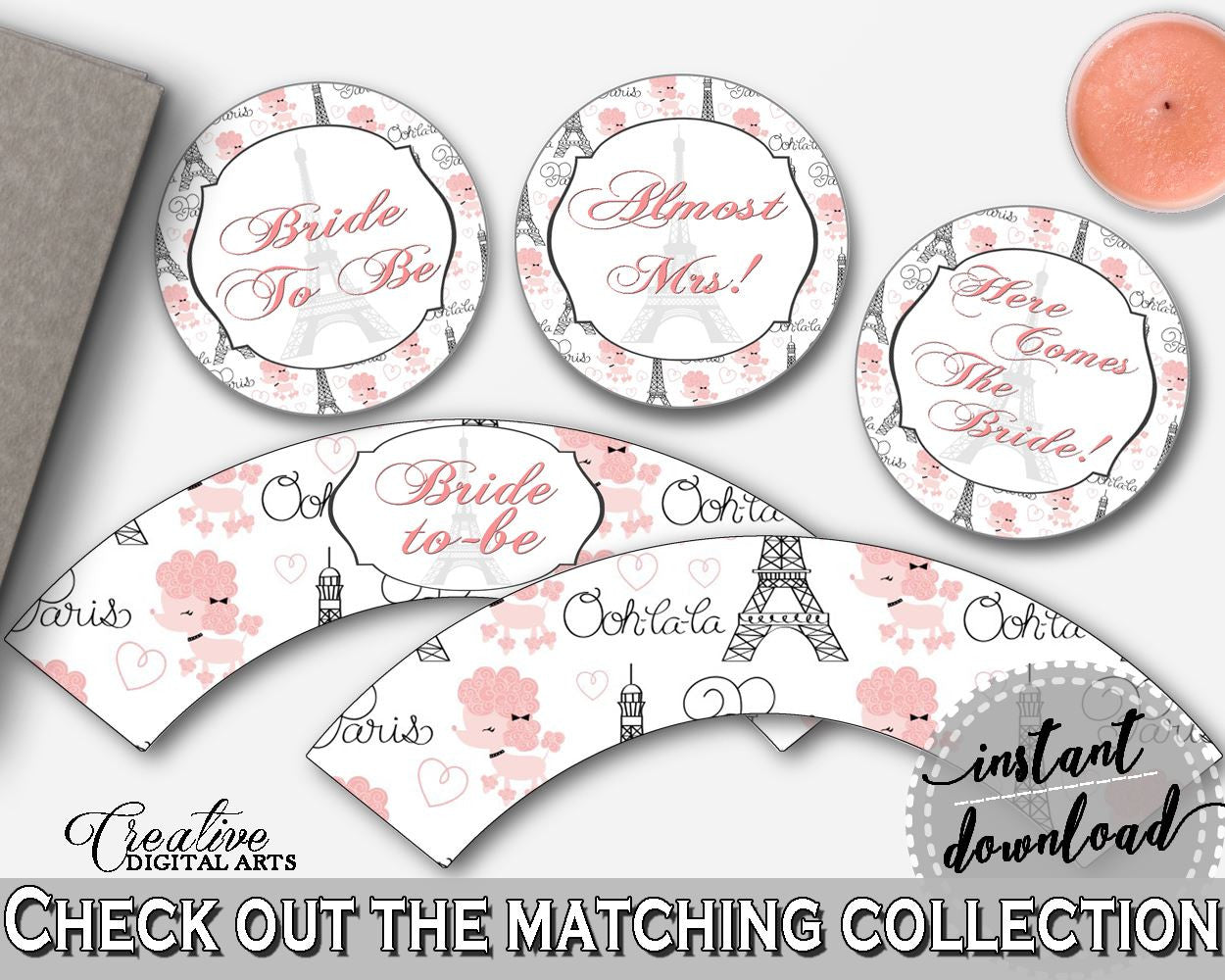 Paris Bridal Shower Cupcake Toppers And Wrappers in Pink And Gray, bridal decoration, city of light, party plan, party planning - NJAL9 - Digital Product