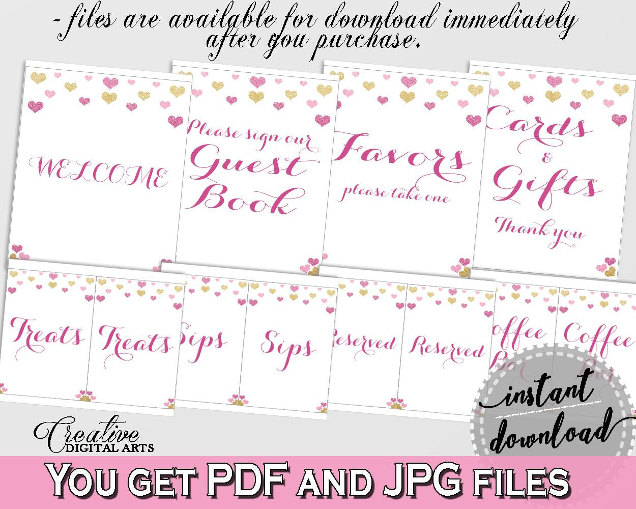 Table Signs Bundle in Glitter Hearts Bridal Shower Gold And Pink Theme, table signs,  glitter shower, instant download, pdf jpg - WEE0X - Digital Product