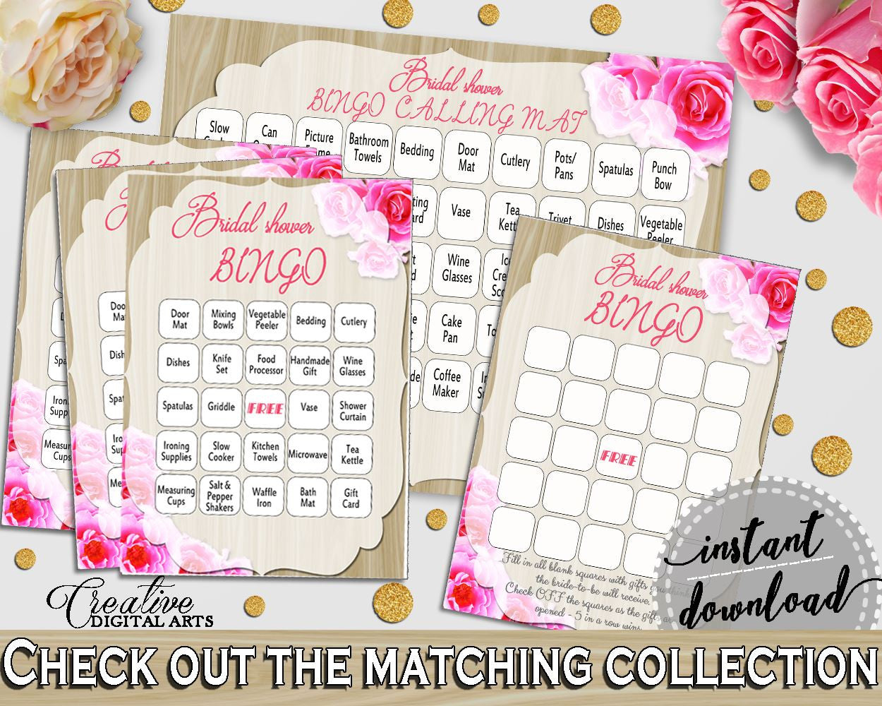 Pink And Beige Roses On Wood Bridal Shower Theme: Bingo 60 Cards - amusement, wooden theme bridal, party decor, paper supplies - B9MAI - Digital Product