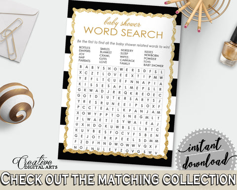 Baby Shower WORD SEARCH game with black white color stripes theme printable, digital files jpg pdf, instant download - bs001